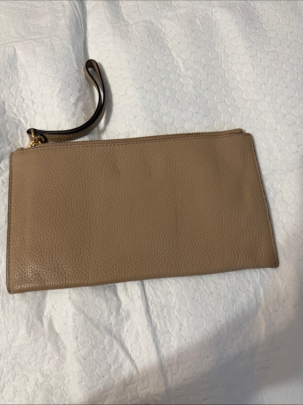 Michael Kors Beige Pebbled Leather Wristlet with Gold MK Emblem - Picture 6 of 10